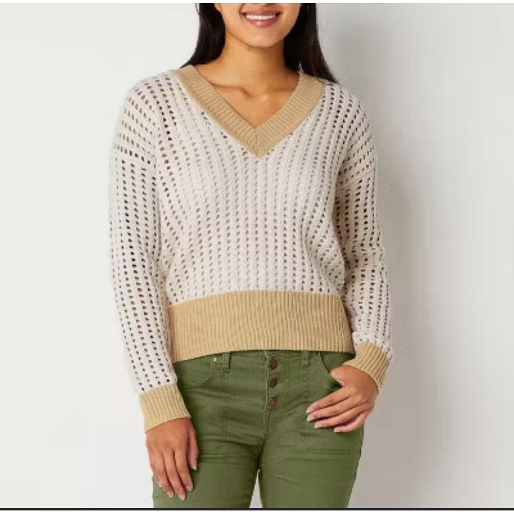 Frye and Co V-Neck Sweater Womens XL Cream Tan Open Knit Pointelle Minimalist